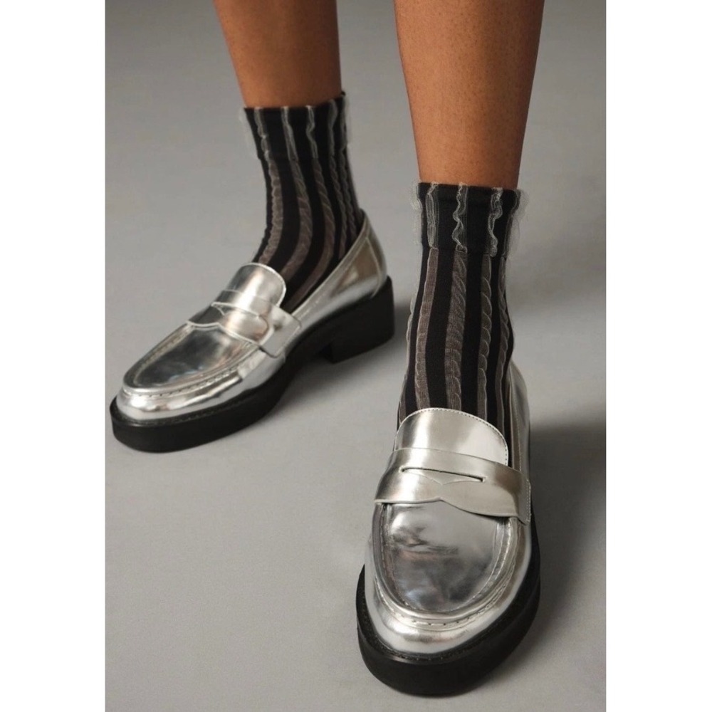 Bibi Lou Metallic Silver Penny Loafers Size 9 Dark Academia Preppy Funky Sleek